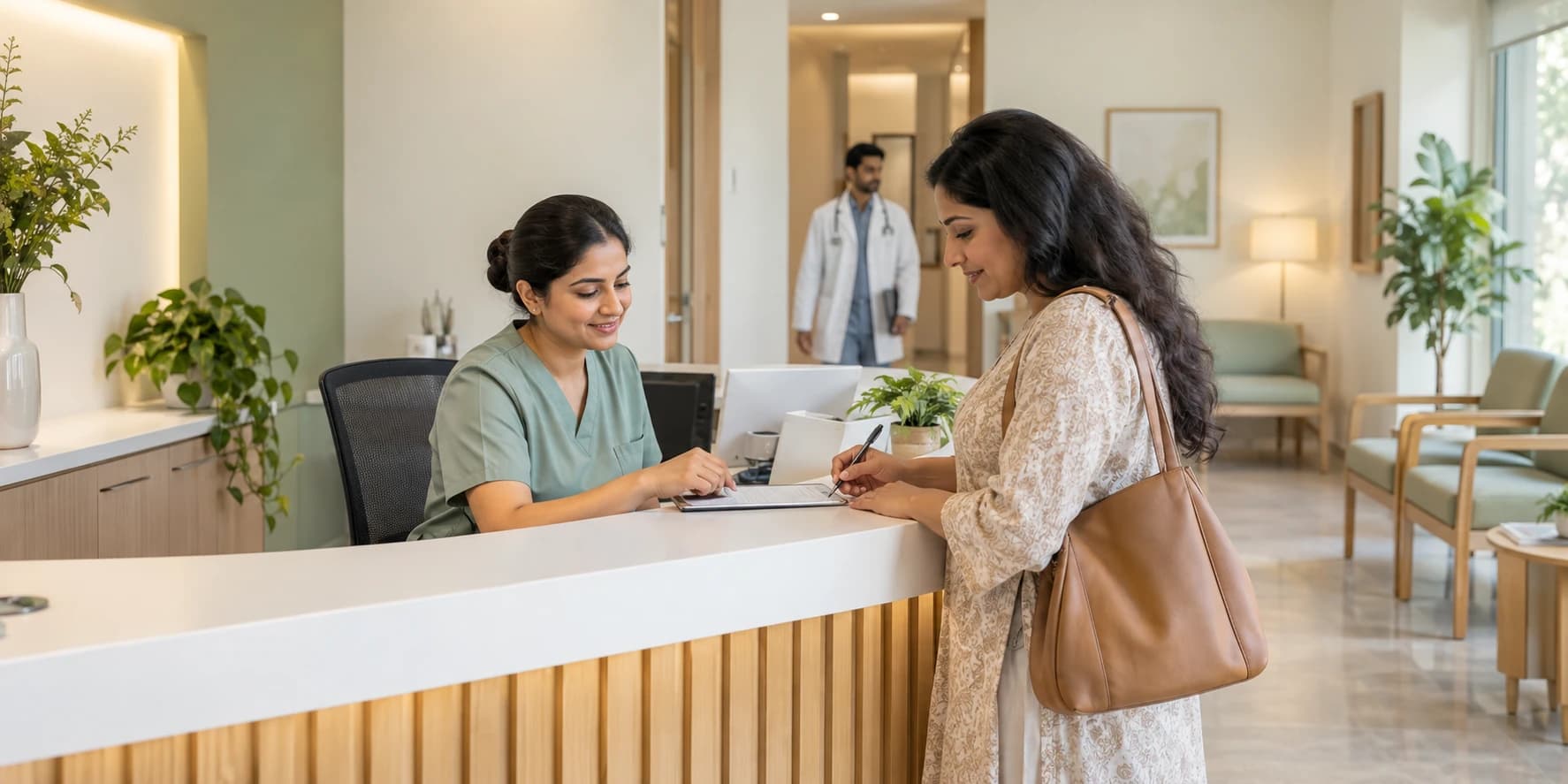 A receptionist helping a patient check in at a bright, welcoming clinic.